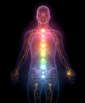 Human energy body with glowing chakra points and neural network on black background. Concept of spiritual healing, meditation, aura balance, and holistic wellness visualization