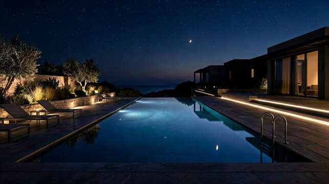 Luxury Infinity Pool at Night with Starry Sky and Ocean View