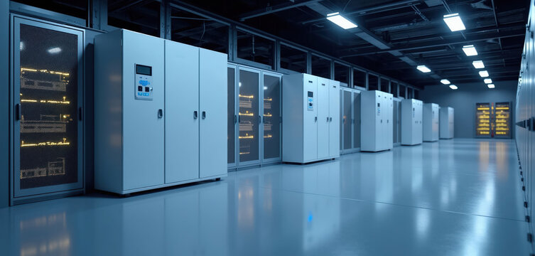 Data center room with rows of server racks and backup power units. Reflective floor and bright ceiling lights illuminate the IT infrastructure. Technology equipment stands ready.