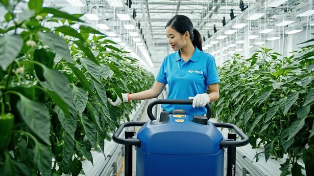 A smiling female worker operates an automated cart in an advanced greenhouse. She inspects green bell peppers in a modern environment. Ideal for smart farming content.