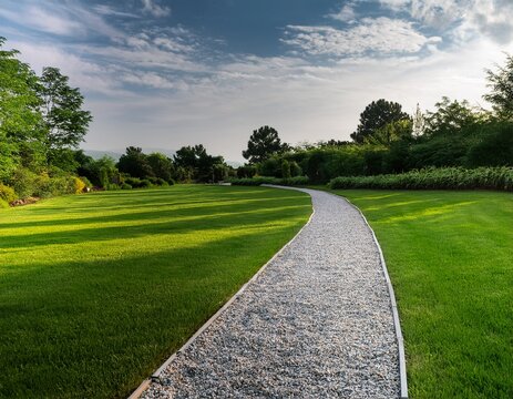 gray gravel walking path in a grass field lawn of a garden