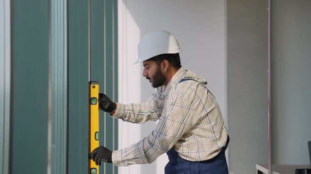 Construction worker using bubble level to check wall