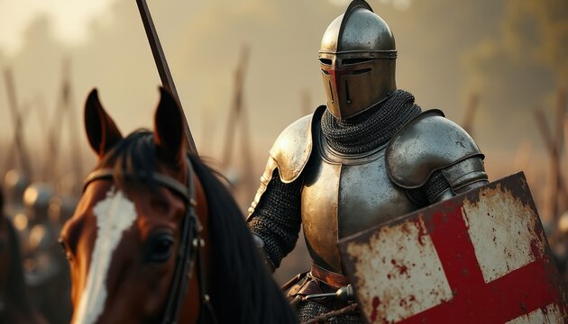 Knight in full metal armor rides horse holding shield and lance. Warrior prepares for battle against army. Medieval warfare scene shows historic combat.