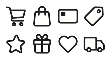 Vector icon set for e-commerce interfaces, online retail platforms, and shopping app design. Bold rounded outline style for digital storefronts, checkout flows, and commercial UI/UX projects. © VectorGomes