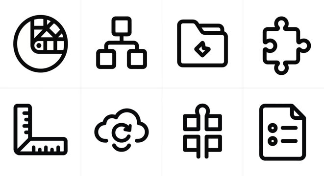 A set of vector icons for design systems, component libraries, and UI/UX collaboration tools. Features a rounded, minimalist outline style for technical documentation, design flows, and software inter