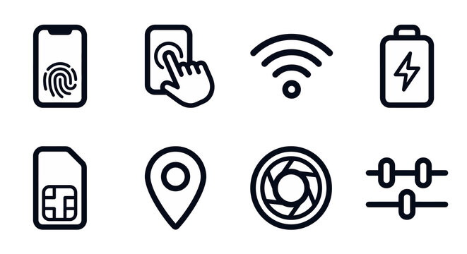 Vector icon set for mobile interface, device interaction, and app development. Rounded outline and thick stroke style for app design, user manuals, and smartphone prototyping.
