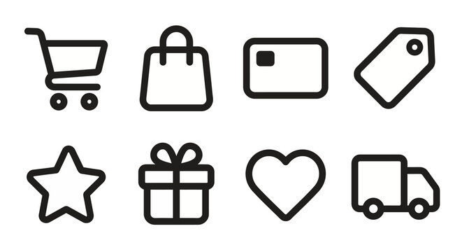 Vector icon set for e-commerce interfaces, online retail platforms, and shopping app design. Bold rounded outline style for digital storefronts, checkout flows, and commercial UI/UX projects.