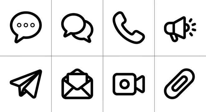 Vector icon set for messaging apps, communication platforms, and social interaction UI. Bold rounded outline style for chat interfaces, customer support portals, and mobile notification design.