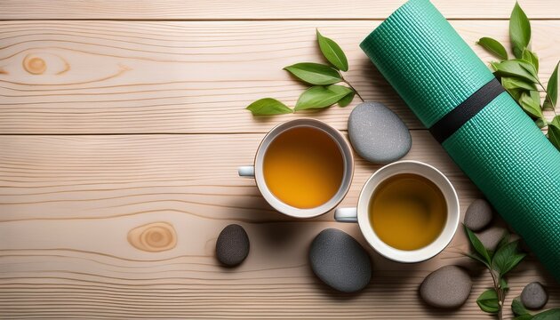a peaceful zen flat lay with yoga mat corner smooth stones green leaves and a cup of herbal tea on a light wood surface evoking calm and self care