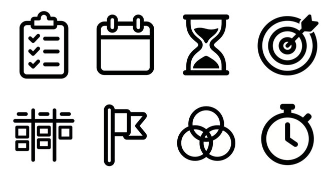 Vector icon set for productivity applications, project management tools, and team collaboration software. Bold rounded outline style for task trackers, dashboard interfaces, and business management UI