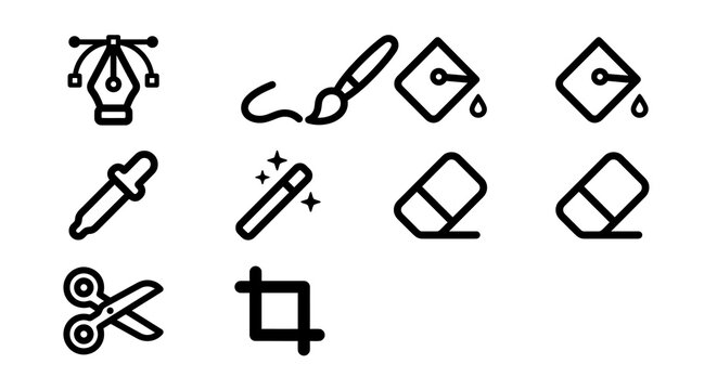 Vector icon set for graphic design software, creative applications, and photo editing toolbars. Bold rounded outline style for digital art platforms, creative design tools, and illustration UI/UX proj