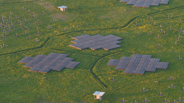 Aerial view of the LOFAR superterp radio telescope array with geometric antenna clusters on a green grassy field in Buinen, Drenthe, Netherlands.