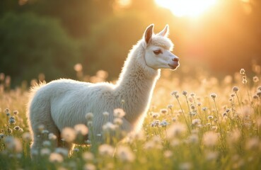 Fototapeta premium White llama stands in field of wildflowers during golden hour sunset. Soft light illuminates fluffy animal against blurred green background. Peaceful nature scene, serene pastoral setting.