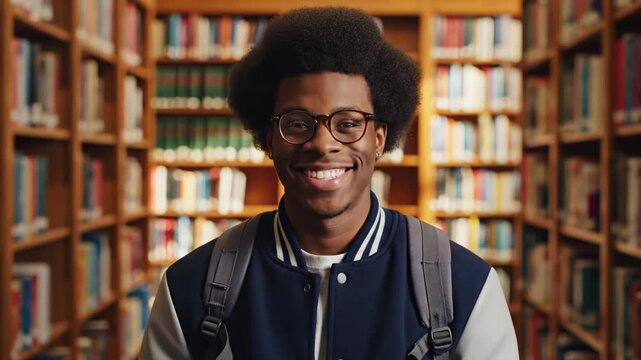 Confident young Black male student with afro and glasses standing in a library for education and academic success concepts. Video.