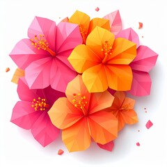 Obraz premium Vibrant Pink and Orange Hibiscus Flowers Origami Style Isolated on White
