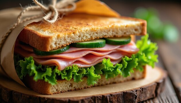 Whole wheat bread sandwich with ham lettuce and cucumber. Toasted bread layered with meat and fresh greens. Served on wood slice, wrapped in paper with twine.