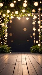 Obraz premium Warm String Lights Archway With Greenery Over Wooden Floor Outdoor Evening Ambiance