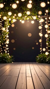 Warm String Lights Archway With Greenery Over Wooden Floor Outdoor Evening Ambiance