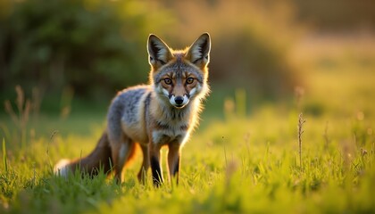 Fototapeta premium Gray fox stands in green grassy field. Animal looks at camera, golden hour sunlight illuminates fur. Wild creature in natural habitat, full body view.