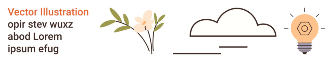 Nature symbol, creativity concept, eco-friendly ideas, minimal design, sustainable living, innovation. Elements include flower branch, linear cloud and light bulb. Nature and creativity concept © robu_s