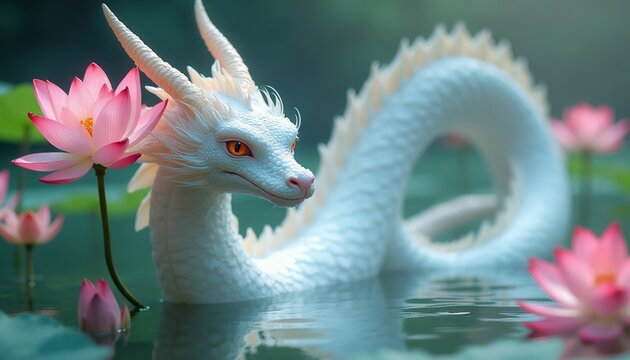 White mythical dragon emerges from tranquil water surrounded by blooming pink lotus flowers. Creature orange eyes, white horns. Serene atmosphere with green foliage background. Serene water creature