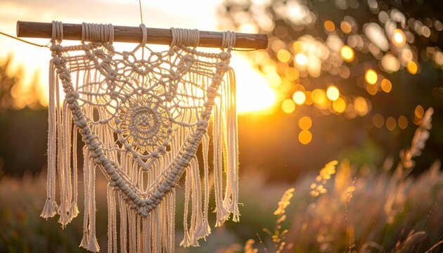 Bohemian Macrame Wall Hanging Illuminated by Golden Hour Sunset Light Outdoors