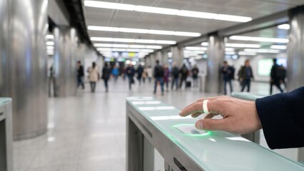 Obraz premium Smart Wearable Ring for Seamless Public Transit Ticketing at Turnstile Scanner