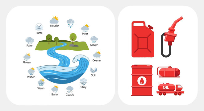 Water cycle and oil fuel icons.
