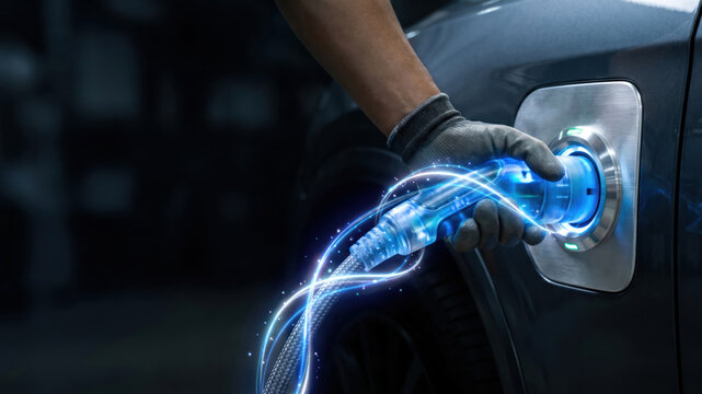 Hand Plugging in High-Tech Blue Charging Connector into Metallic Vehicle Port