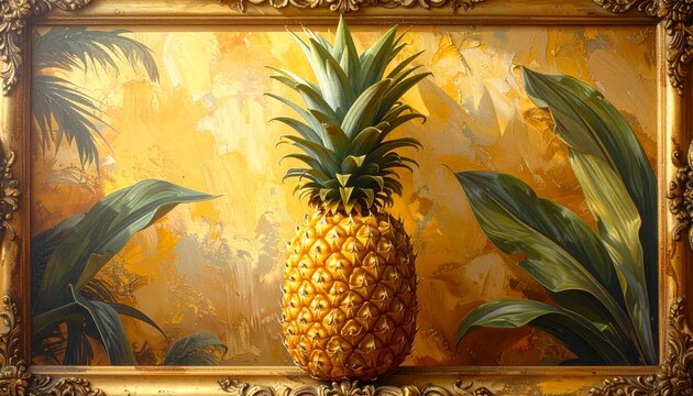 Golden Pineapple Still Life With Tropical Leaves In Ornate Frame