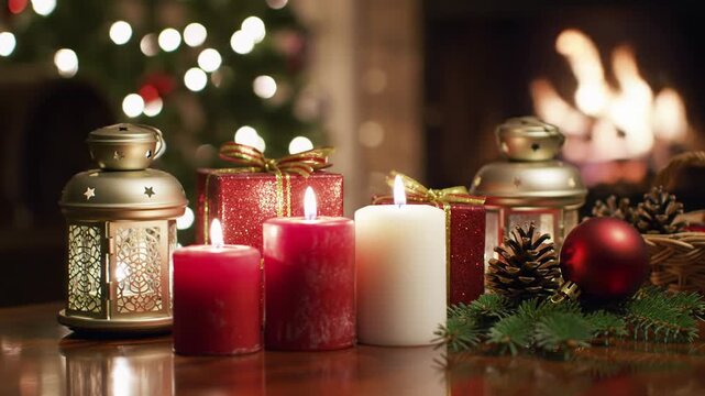 Meticulous christmas decorations: flickering red/white candles, red/gold gifts, cozy lanterns, pine branch with red bauble on reflective mahogany, blurred tree/fireplace background. Cozy tranquil