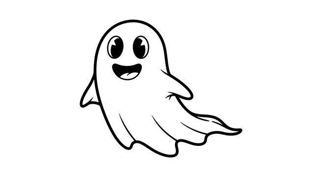 Black and white line of a happy cartoon dog with floppy ears and a wagging tail