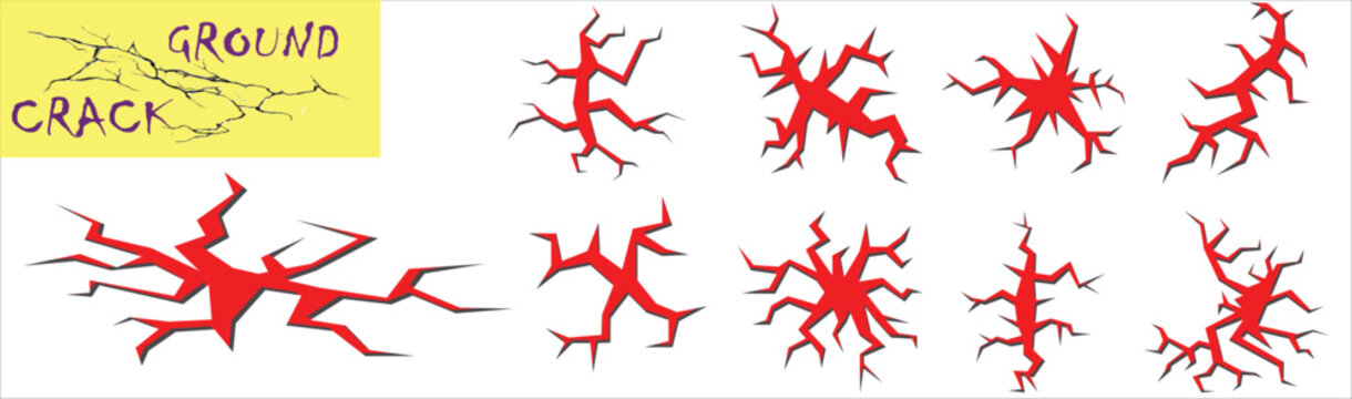 Cracked ground texture set with realistic fracture lines and dry earth detail. Isolated black fissures on white background for design overlays and damage effects. High contrast elements for creative l