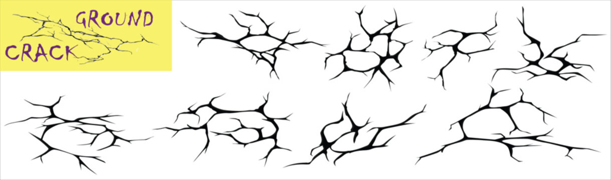 Cracked ground texture set with realistic fracture lines and dry earth detail. Isolated black fissures on white background for design overlays and damage effects. High contrast elements for creative l