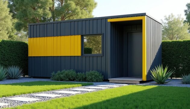 Modern gray and yellow prefab office pod with small window and door. Minimalist architectural design for urban or suburban garden space. Contemporary building offers sleek exterior. Stylish addition.