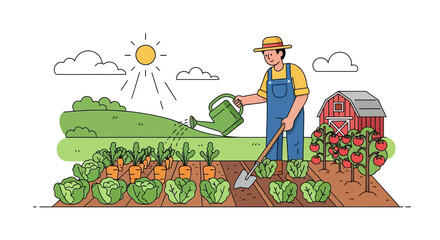 Fototapeta premium Man watering plants in garden bed 1.