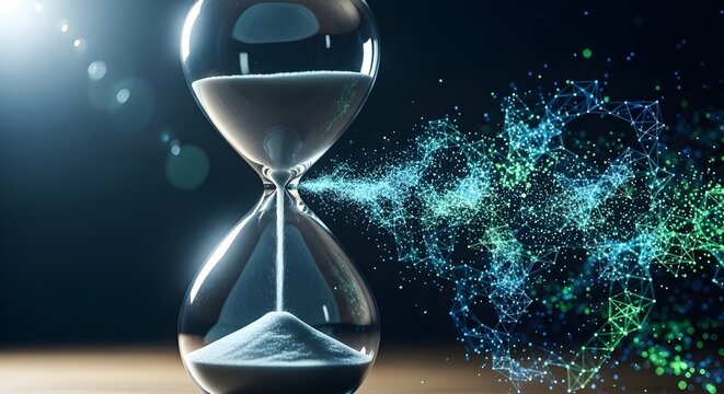 hourglass with cosmic sand flow in futuristic dark blue lighting concept
