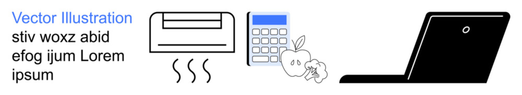 Office environment, productivity, remote work, technology, workspace planning, wellness. Air conditioner, calculator apple and laptop visuals. Productivity and remote work concepts