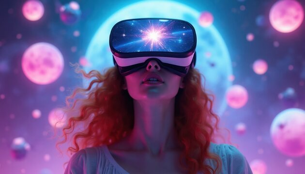 Young woman with red hair experiences virtual reality cosmic universe. Female wearing VR headset explores futuristic digital space with glowing planets, stars. Immersive technology fuels imagination,