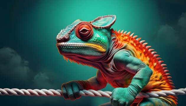 ai generated strong chameleon boxer gripping ropes determination strength and resilience concept emotional storytelling visual perfect for motivation branding and conceptual advertising