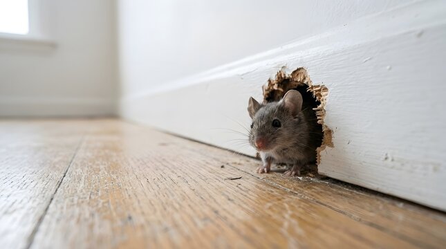 A small gray mouse emerging from a chewed hole in a house wall skirting, highlighting common domestic pest problems, hygiene issues, and the necessity of effective rodent extermination