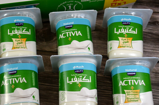 Cairo, Egypt, April 25 2026: Activia Natural Probiotic Yogurt, a creamy, fermented dairy product manufactured by Danone, contains billions of live, active cultures, specifically the probiotic strain