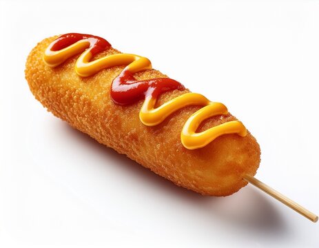 crispy corn dog on stick topped with mustard and ketchup isolated on white background