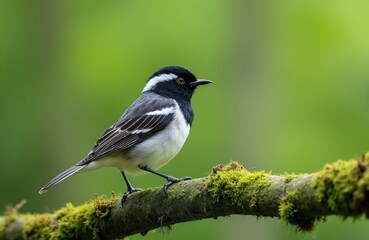 Obraz premium Small blackpoll warbler perches on moss covered branch. This songbird has white stripes on wings and black and white plumage. Bird watches attentively in green nature background.