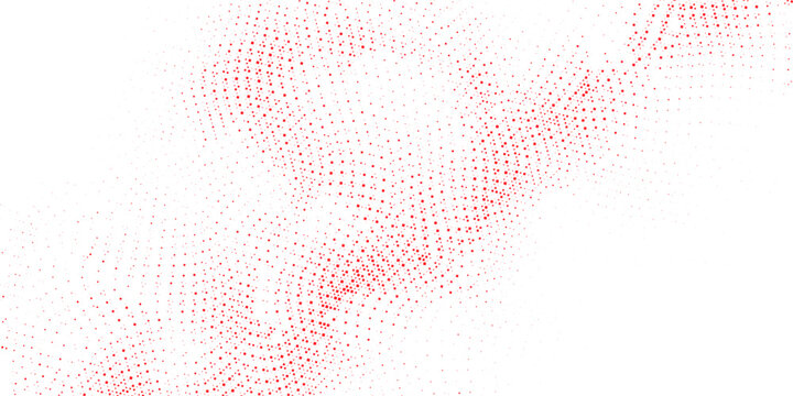 Abstract red pixel square particle wave composition, scattered geometric motion across white background, modern digital texture with soft depth effect