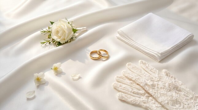 Wedding day preparations with gold rings and white accessories