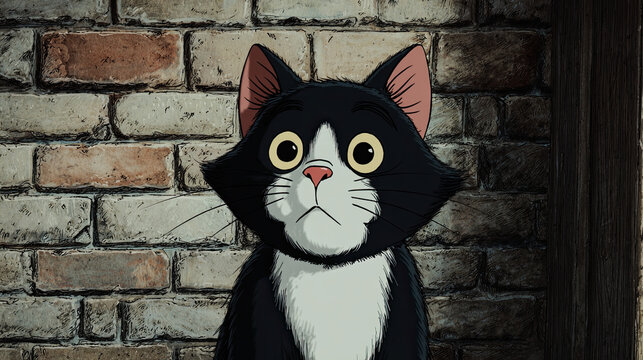 Classic western animation style of a tuxedo cat with wide eyes against a brick wall
