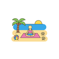 Fototapeta premium Woman meditating on yoga mat at beach with palm tree, beach ball and ocean sunset