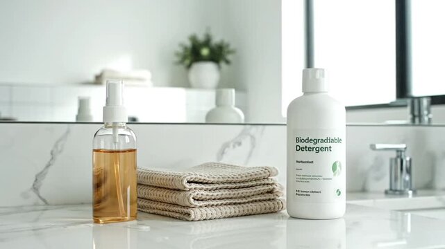 Biodegradable detergent bottle, spray, and towels on marble counter