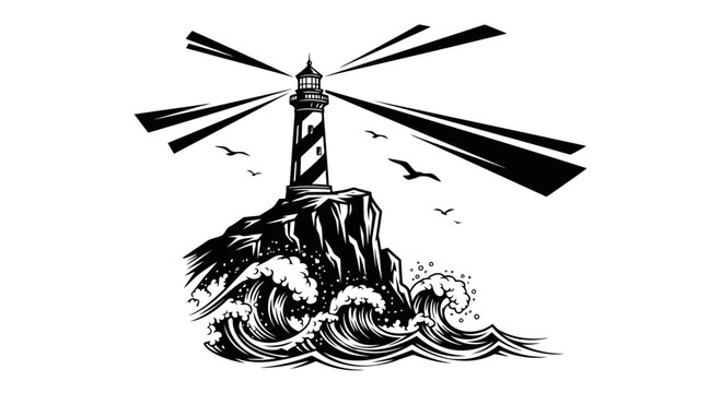 dramatic lighthouse on rocky coastline with waves.